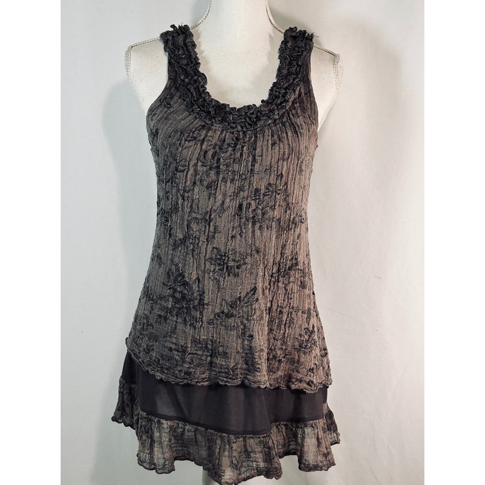 Blue Bird Womens Crinkle Gauze Floral Ruffle Neck Tiered Tunic Tank Top Gray